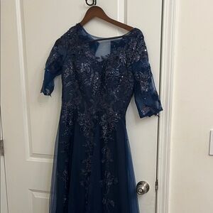 Navy Floral Embroidered A-Line Dress